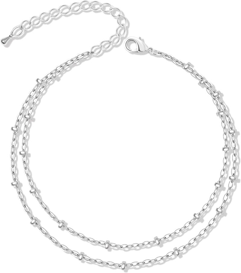 Poxtex Sterling Silver Anklet Bracelets for Women Waterproof, 925 Sliver Plated CZ & Heart Charm Dainty Layer Anklets for Women Trendy, Simple Chain Anklets Set Gifts for Women, Mother Day Jewelry Gifts for Her Women Mom Wife Girlfriend - Image 1